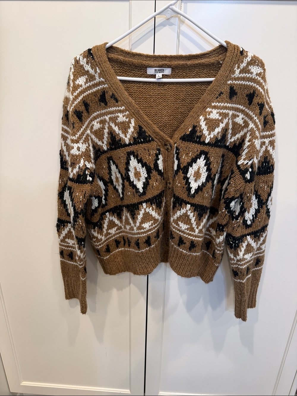 BB Dakota by Steve Madden Brown Black White Patterned V-Neck Cardigan